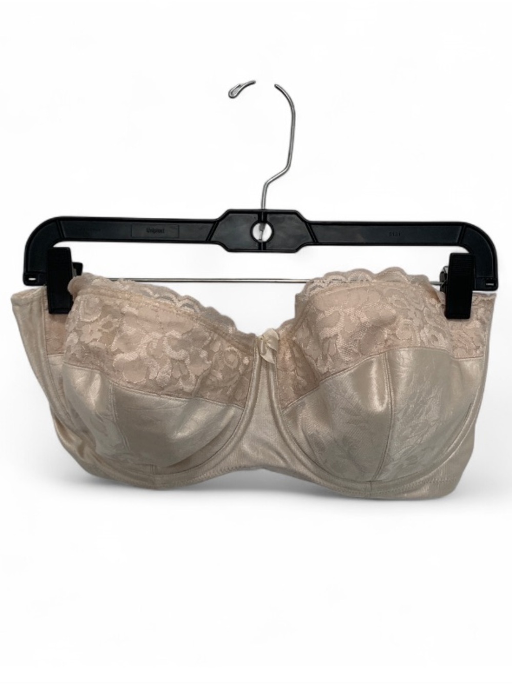 Vintage Minimizing Strapless Lace-Trim Satin Bra in Champagne